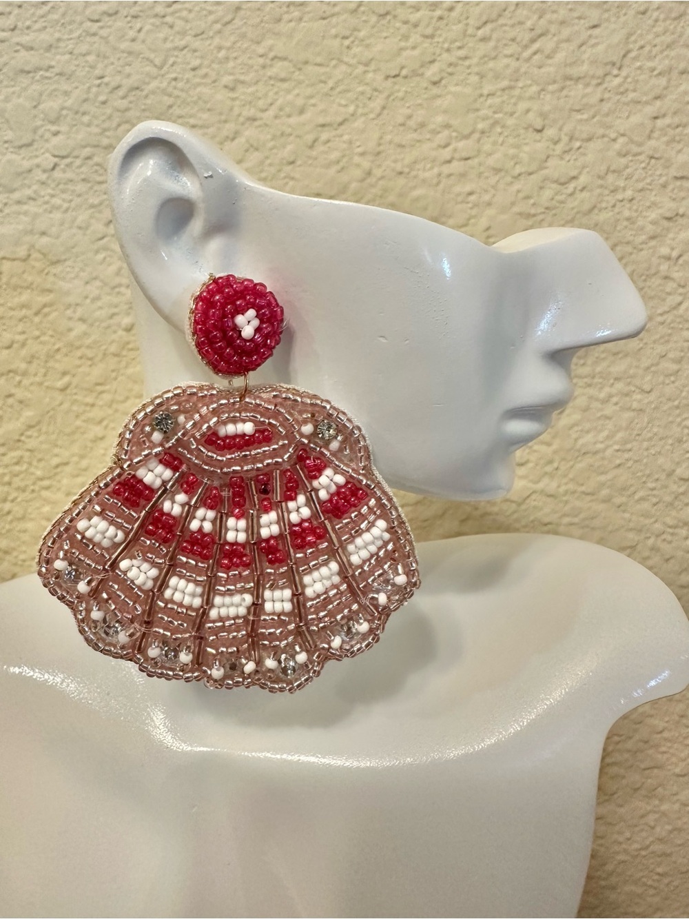 Beaded Red, White & Pink Shell Drop Earrings